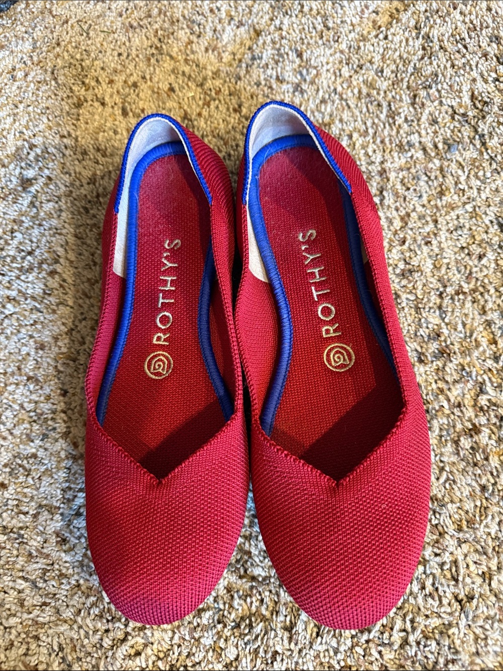 Rothy's Tomato Red Knit Round Toe Ballet Flats with Blue Trim Size 7